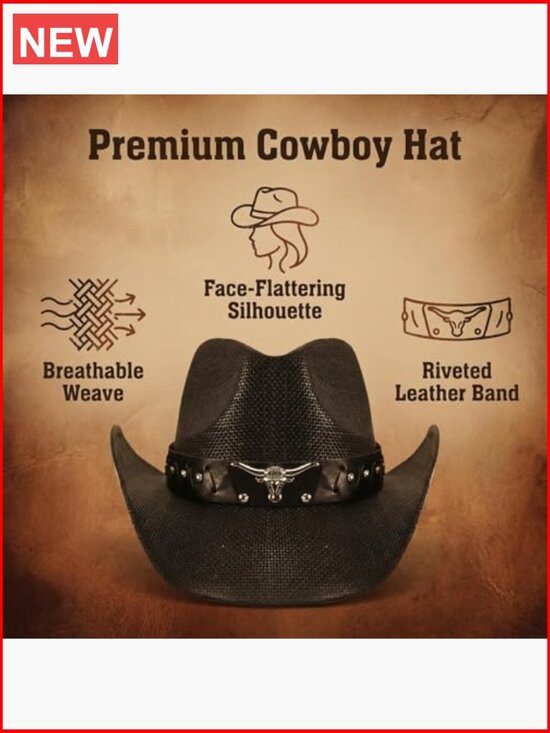 Straw Cowboy Hat with Wide Brim for Sun Protection Unisex main image 5